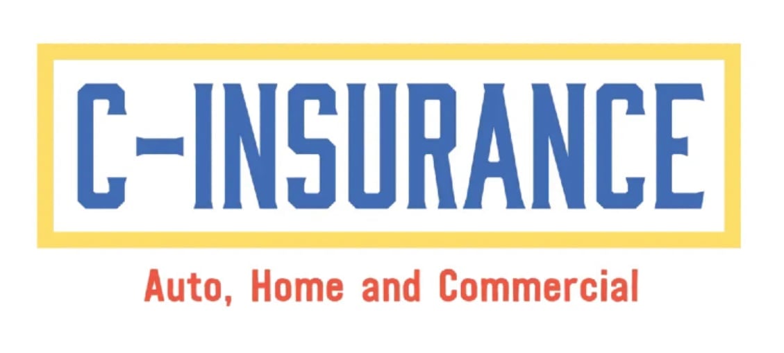 C-Insurance logo with yellow border and blue text, tagline reads Auto, Home and Commercial in red